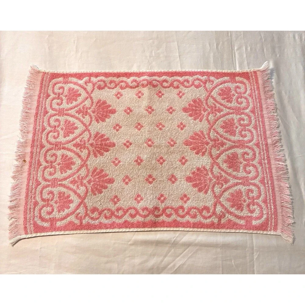 MCM Cannon Monticello Towel Set Bath Hand Towel Pink White Jacquard Fleur De Lis